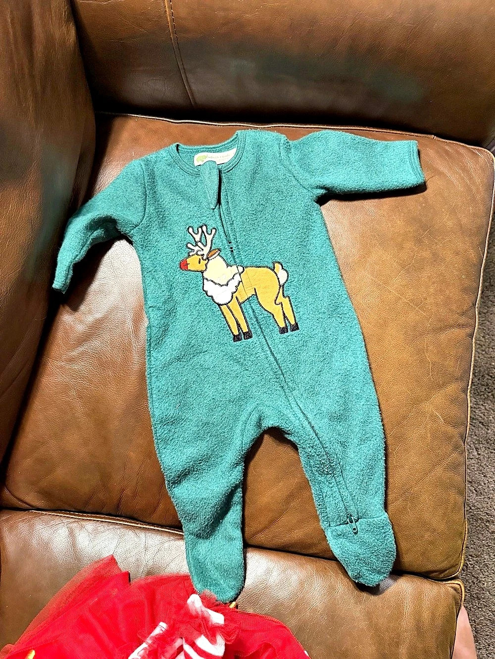 Monica & Andy Holiday Reindeer Zip Fleece Romper in Green